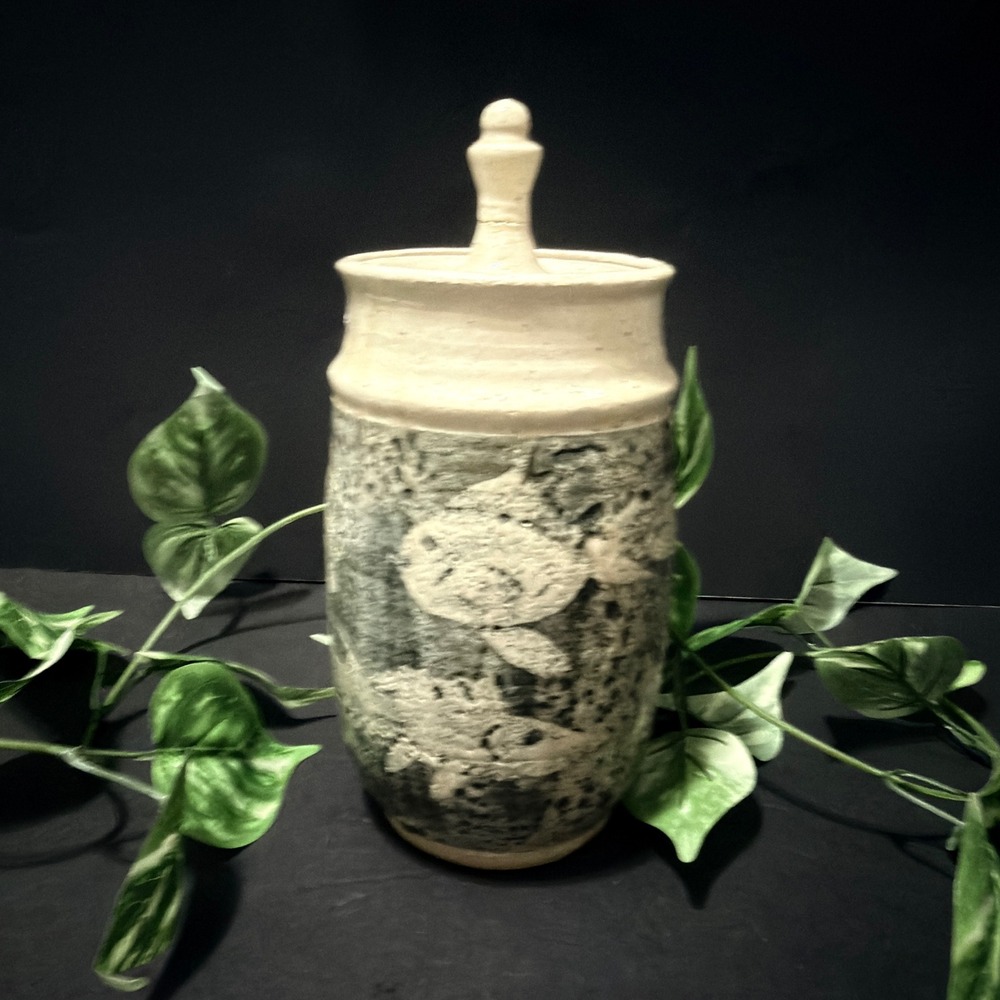 Paige Signed Studio Pottery Lidded Canister Fish Motif Speckled Stoneware Jar